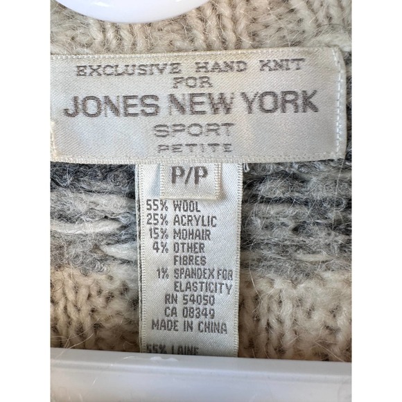 Jones‎ New York Womens Cardigan Sz L Petite Ivory Gray Hand Knit Wool Blended - Picture 7 of 11